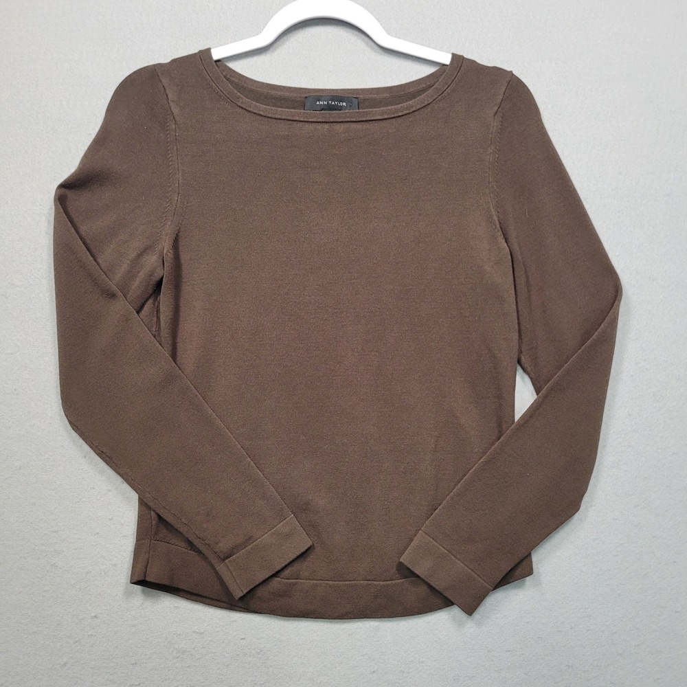 Ann Taylor Brown Long Sleeve Boat Neck Knit Sweater Top Womens Medium 414055‎